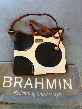 Brahmin Black and White Polka Dot Shoulder Bag with Brown Trim